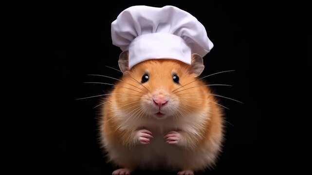 Cute golden hamster wearing a chef hat poses with paws together, showcasing adorable expressions against a dark background in a playful culinary theme
