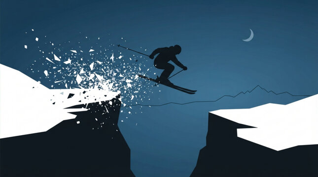 Silhouette of a brave skier jumping over a deep mountain gap at night with snow shattering under skis in a dynamic minimalist winter sports illustration
