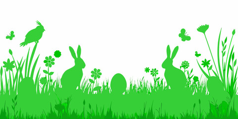 Green Silhouette Banner Featuring Rabbits Flowers And Grass © Prince