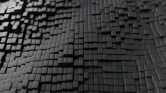 Matte black geometric cubes moving in a fluid wave pattern