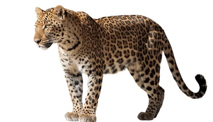 Fototapeta premium A spotted leopard stands in side profile on a white background, suitable for wildlife education, conservation campaigns, or safari themed advertising.