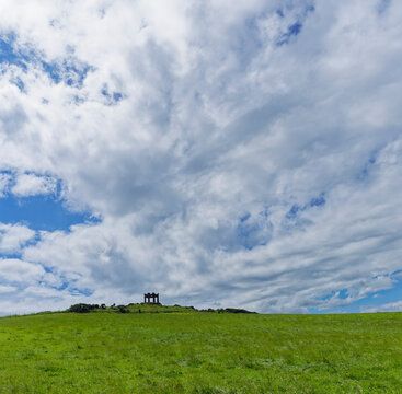 The view from the Footpath of the distinctive Temple like Granite War Memorial overlooking Stonehaven from Black Hill.