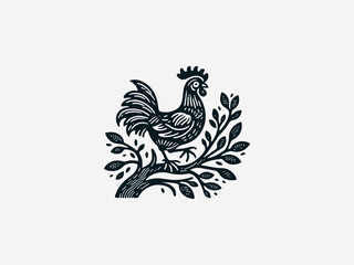 Fototapeta premium Rustic Folk Art Chicken Tree Farm black vector logo white background