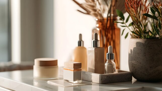 An elegant arrangement of clean beauty products featuring minimalist beige packaging and glass droppers on a smooth counter surface