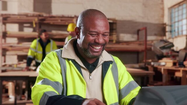 Carpenter, man and celebration in workshop with laptop, smile or email for woodwork procurement offer. Excited, mature person or carpentry manager with computer, online order or fist pump for success