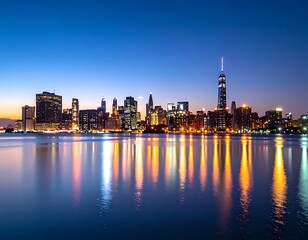 Obraz premium A serene cityscape at dusk with a calm body of water (6)