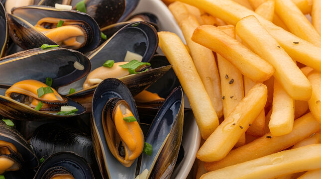 Macro shot of Belgian national dish, or moules frites. Easy meal idea from steamed mussels and french fries