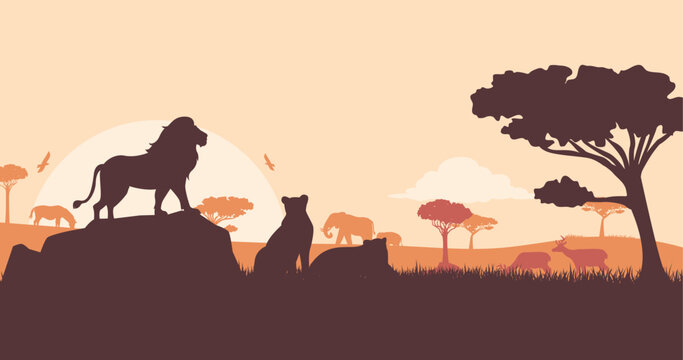African Wildlife Silhouette Landscape with A lion stands on a rock as the king of the jungle. Safari Animals Scenery Vector Background