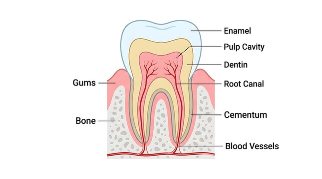Human tooth anatomy diagram showing enamel dentin and root canal with dentistry
