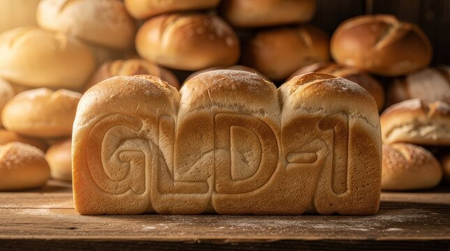A loaf of bread with "GLD=1" embossed on it sits on a wooden surface, with various round bread rolls blurred in the background.