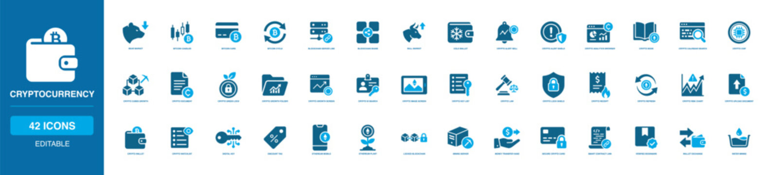Cryptocurrency Solid Icon Set featuring crypto market, blockchain server, wallet alert, analytics browser, smart contract, cold wallet, mining server, risk chart, secure card and keys