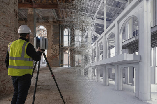 Engineer 3D Laser Scanner Derelict Brick Building Point Cloud Transition Renovated Interior Model