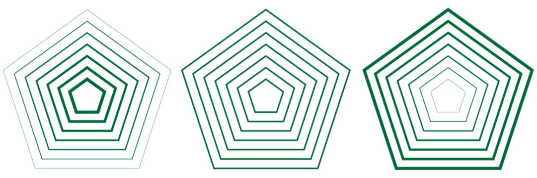 Abstract concentric pentagon line pattern set. Green and white geometric optical illusion vectors
