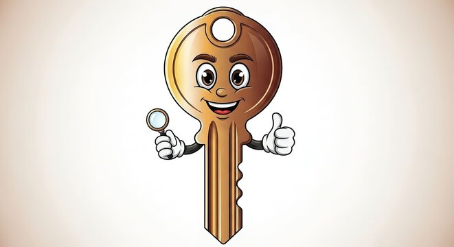 Cartoon key character with magnifying glass and thumbs up gesture