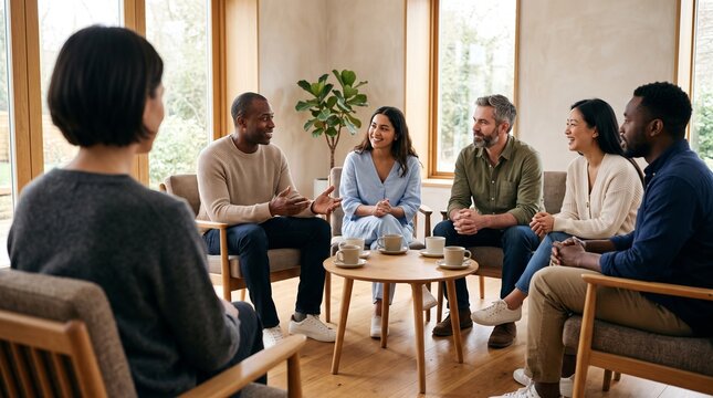 Diverse group of adults sitting in circle having group therapy session