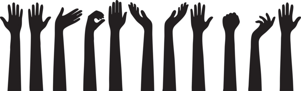A horizontal arrangement of diverse human hand silhouettes in black, showing various gestures and positions, isolated on a white background