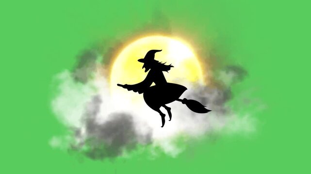 Animation silhouette of a witch flying and yellow moon on green background.