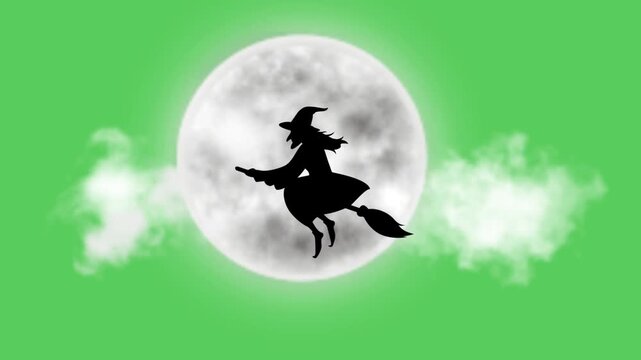 Animation silhouette of a witch flying and white moon on green background.