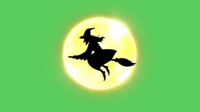 Animation silhouette of a witch flying and yellow moon on green background.