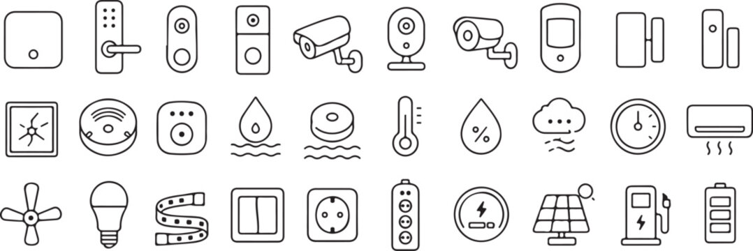 Smart Home and IoT Line Icons Set, Home Automation, Smart Devices, Security Camera, Smart Lock, Energy Management, Connected Home Outline Vector Pack