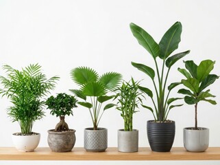 Fototapeta premium A collection of various indoor green potted plants standing in a row on a wooden shelf for home decor and interior design ideas isolated on white background