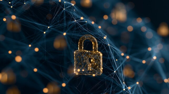 Shiny digital padlock illustration symbolizing cybersecurity, data protection, and network security against a dark.