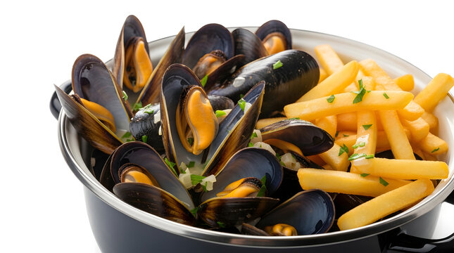 Moules frites, French and Belgian french fries and steamed mussels on white plate against white background. A perfect healthy and quick dish idea for breakfast time