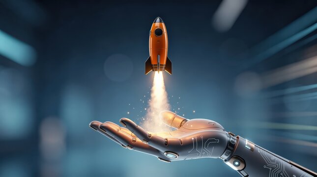 A robotic hand launches a miniature rocket with bright thruster flames in a futuristic setting.