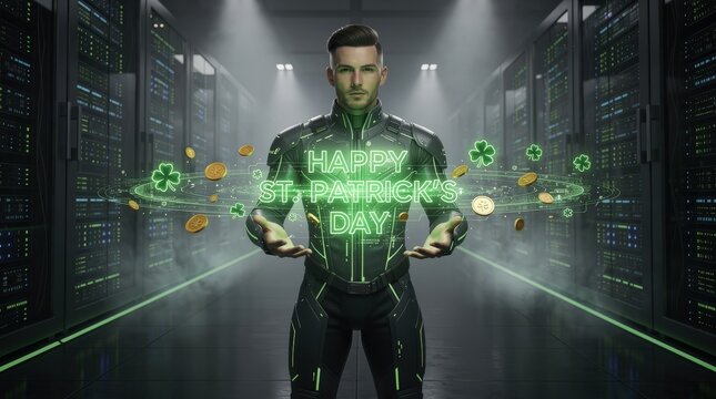A man in futuristic attire stands in a data center, projecting a glowing "Happy St. Patrick's Day" message with shamrocks and coins floating around him.