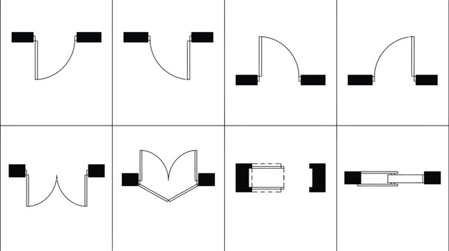 Door swing symbols set, architectural door opening directions, professional floor plans.