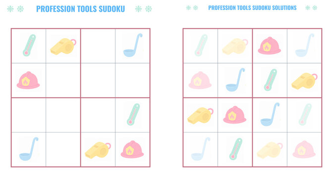 Colorful profession tools sudoku game with solutions for kids