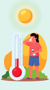 Extreme heat wave concept featuring a young girl wiping sweat while holding a water bottle beside a high thermometer under the blazing sun. Ideal for climate change, heat safety, El Nino