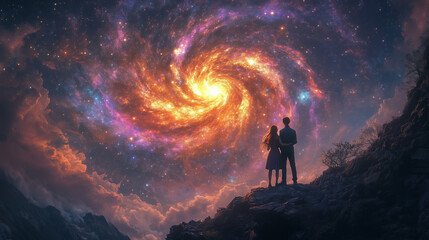 Fototapeta premium A couple stands gazing at the universe at sunset.
