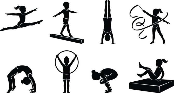 Set of children and youth gymnastics silhouettes performing exercises