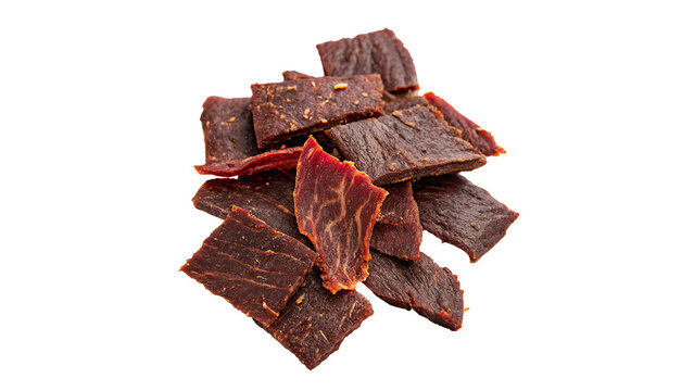 A neat pile of sliced dry smoked beef jerky strips isolated on transparent background