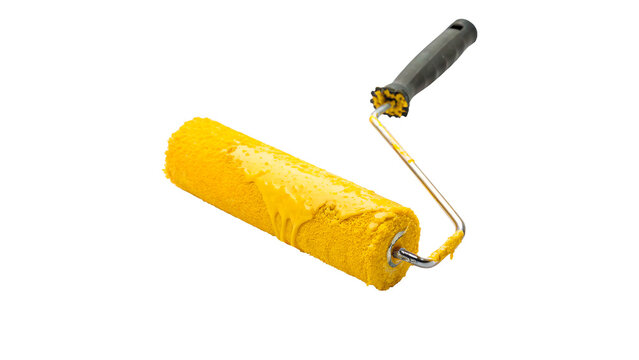 Bright yellow paint roller brush renovation home improvement tool isolated on transparent background