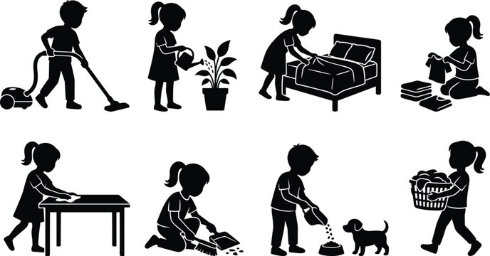 Set of children doing household chores and helping with cleaning silhouettes
