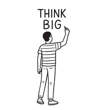 Minimalist vector illustration of a man painting &ldquo;Think Big&rdquo; on a wall, using simple shapes, inspirational theme, creative mindset, and urban art style.