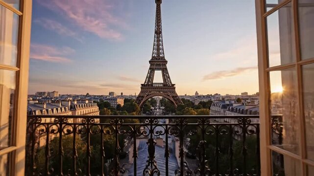 Viewing Iconic Eiffel Tower from Luxurious Hotel Room at Sunset