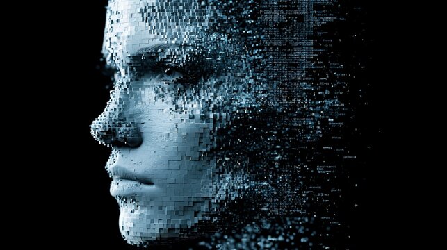 Digital human face profile dissolving into pixels on a dark background, representing concepts of AI, data, and technology.