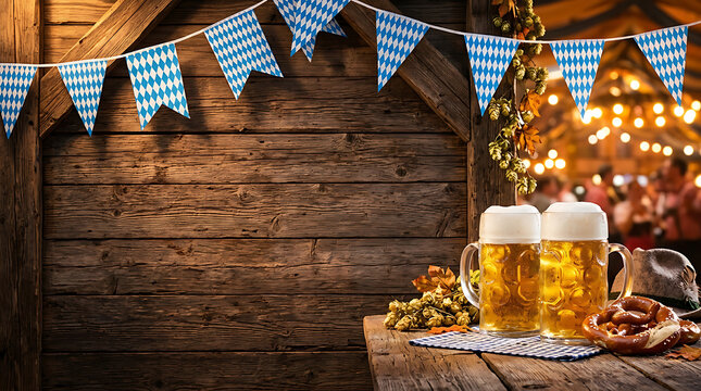 Two beer steins with frothy lager on wooden table in rustic festival setting with string lights
