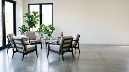 Fototapeta premium Modern Lounge Chairs Arranged in Circle with Houseplants