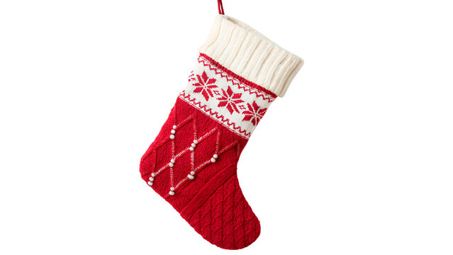 Festive red and white knitted Christmas stocking holiday decoration isolated on transparent background