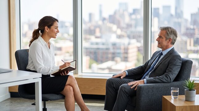 Businesswoman interviewing senior male colleague in modern office