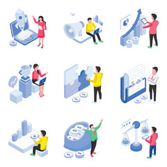Fototapeta premium Business Strategy Icon Set. Laptop, rocket, megaphone, laptop, chart, coins, trophy, puzzle, folder, graph, money, scale, leader, worker, target, success, growth, finance, data, global, corporate.
