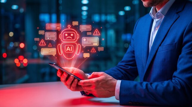 Businessman holding mobile phone with holographic sad ai robot icon and floating alert messages in dark modern office setting.