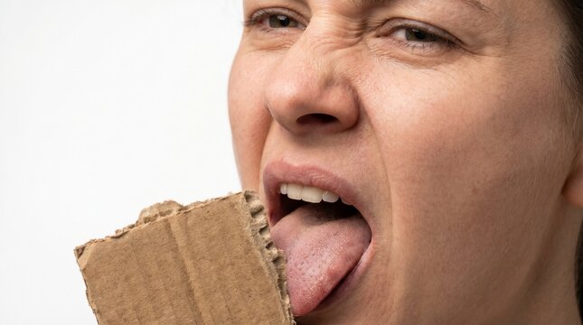 Disgusted woman holding cardboard on tongue bad taste concept