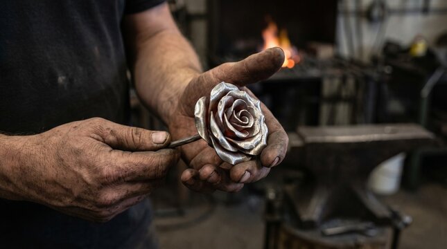Close up of dirty blacksmith hands holding a beautiful hand forged metal iron rose. Traditional craftsmanship, metalworking industry, and creative artisan concept.