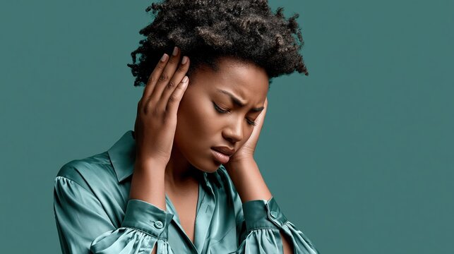 Horizontal awareness banner, woman covering ears in distress positioned to the right, large empty negative space left in muted teal tones for headline text