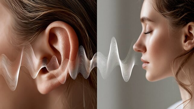 Split-screen banner, close-up of ear with subtle sound wave overlay effect on left